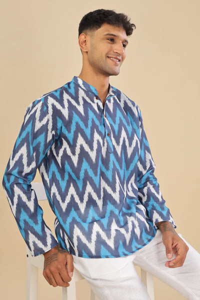 blue ikat printed linen short kurta