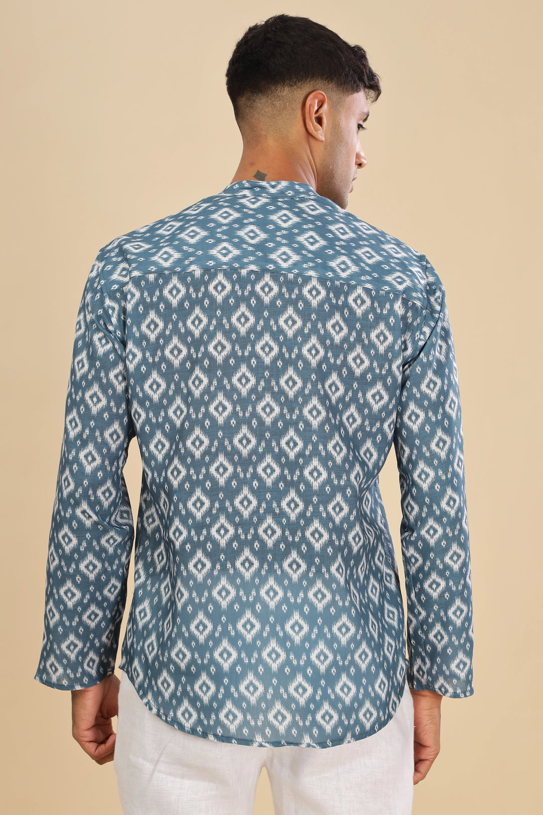 Blue ethnic motifs printed linen short kurta