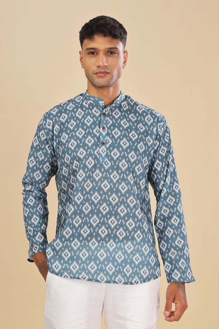 blue ethnic motifs printed linen short kurta