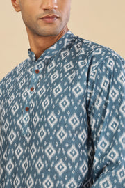 Blue ethnic motifs printed linen short kurta