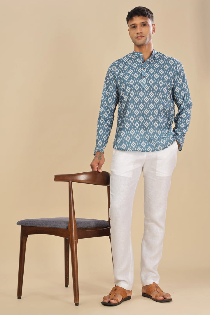 blue printed linen short kurta