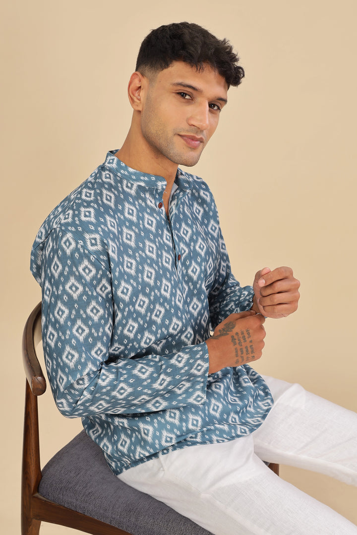 Blue ethnic motifs printed linen short kurta