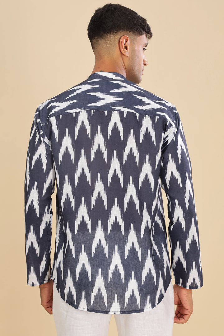 Navy blue ikat printed linen short kurta