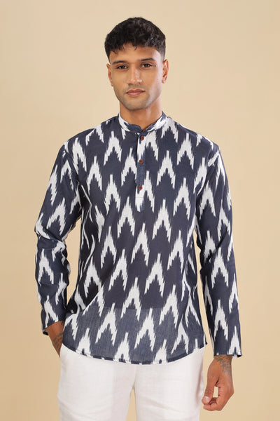 navy blue ikat printed linen short kurta