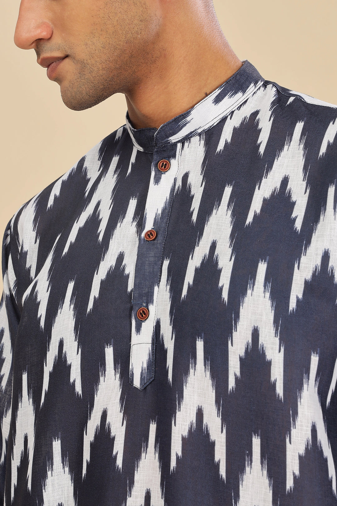 Navy blue ikat printed linen short kurta