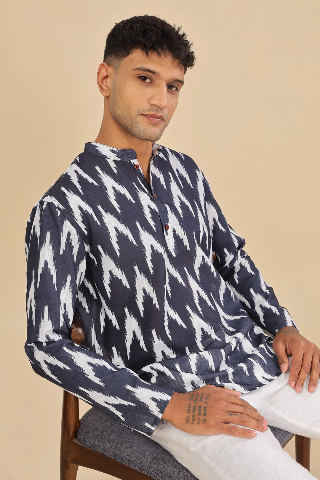 blue ikat printed linen short kurta