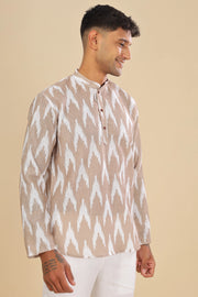 biege ikat printed linen short kurta