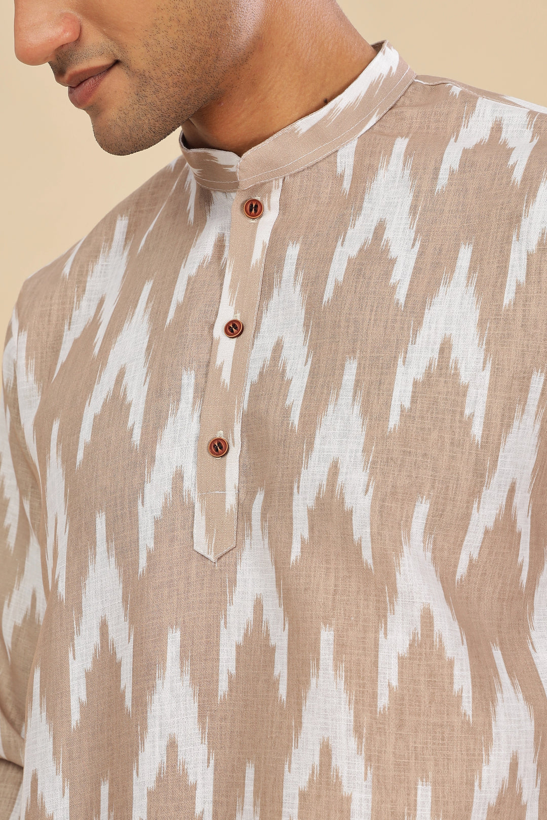 Biege ikat printed linen short kurta