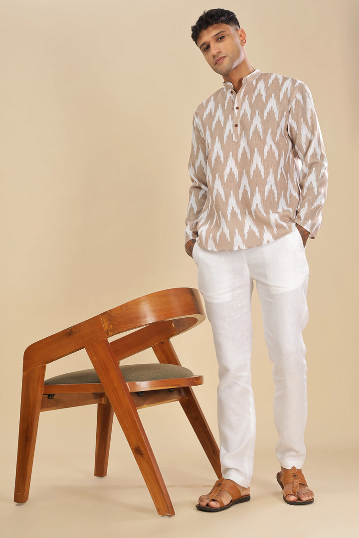 biege printed linen short kurta