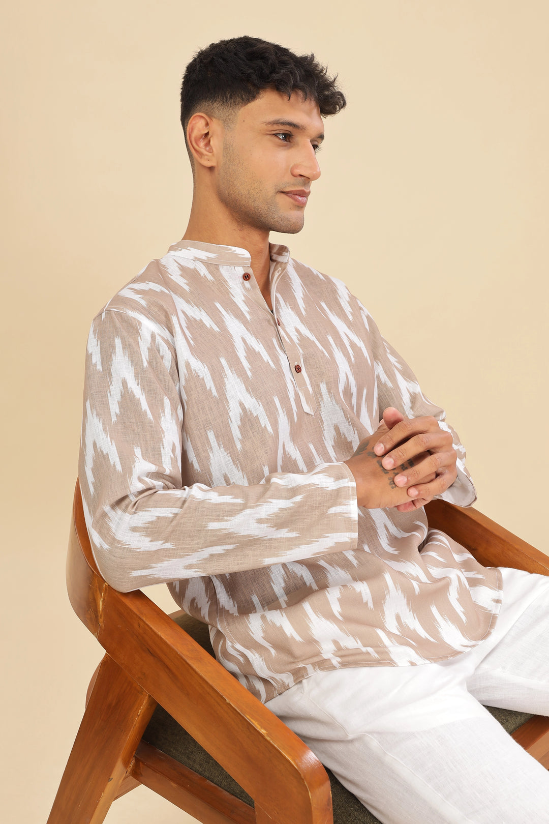 Biege ikat printed linen short kurta