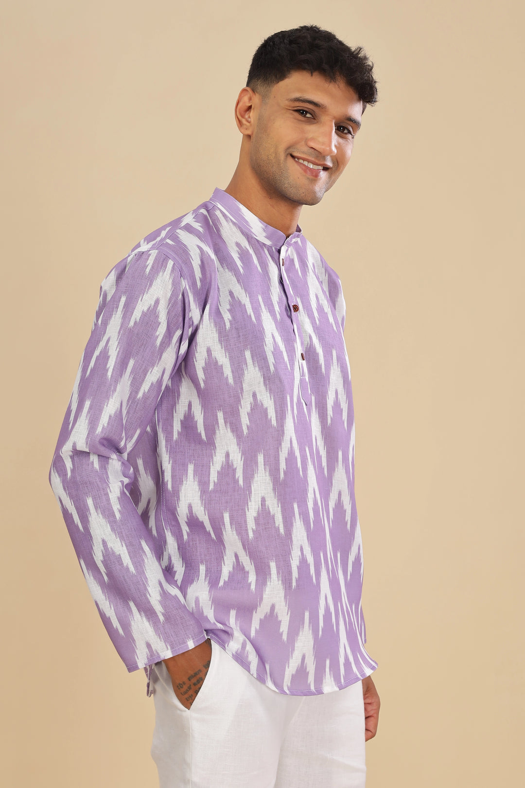 lavender ikat printed linen short kurta