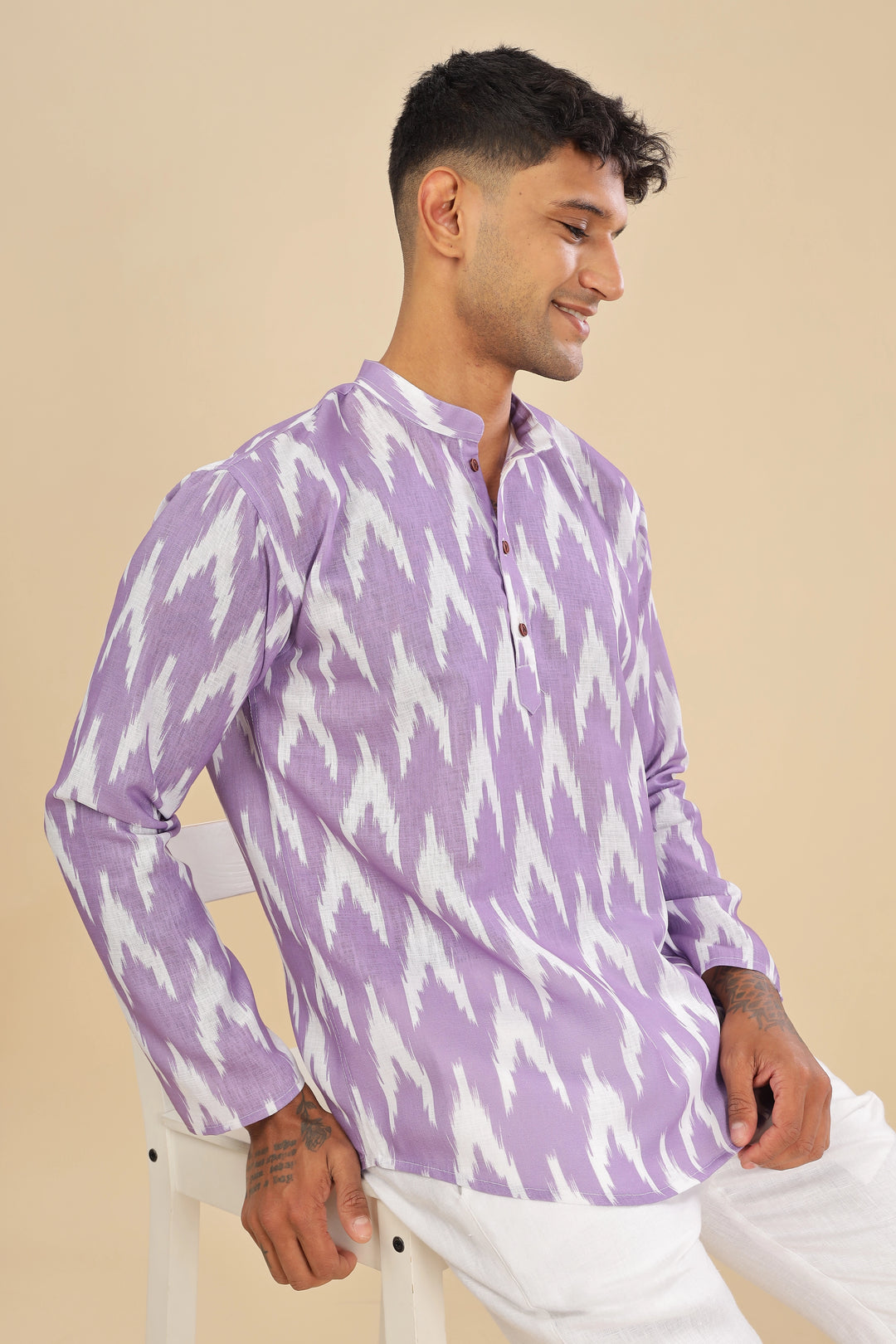 lavender ikat printed linen short kurta