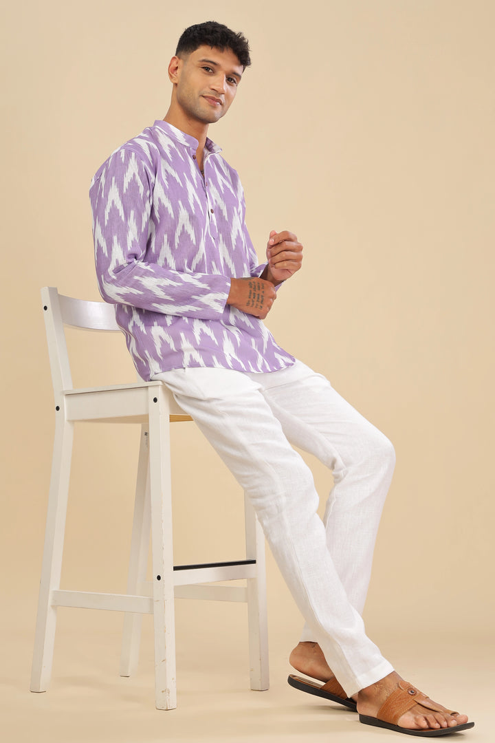 lavender ikat printed linen short kurta