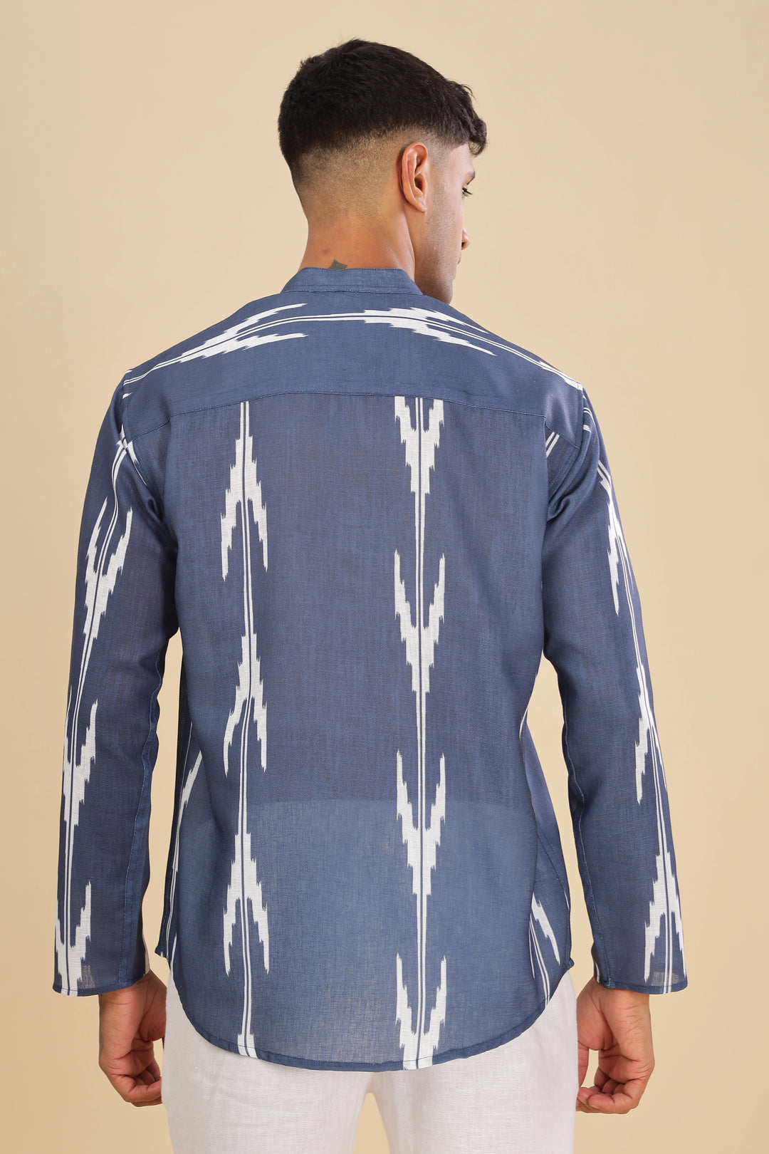 Navy blue ikat printed linen short kurta