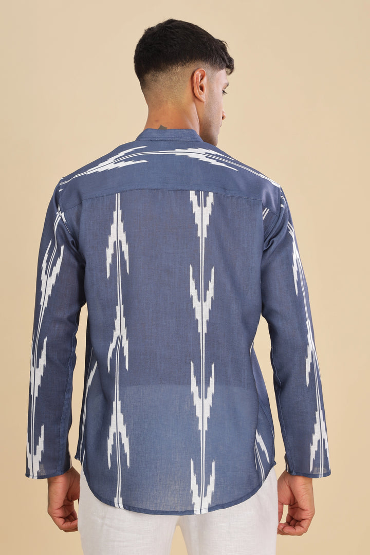 Navy blue ikat printed linen short kurta