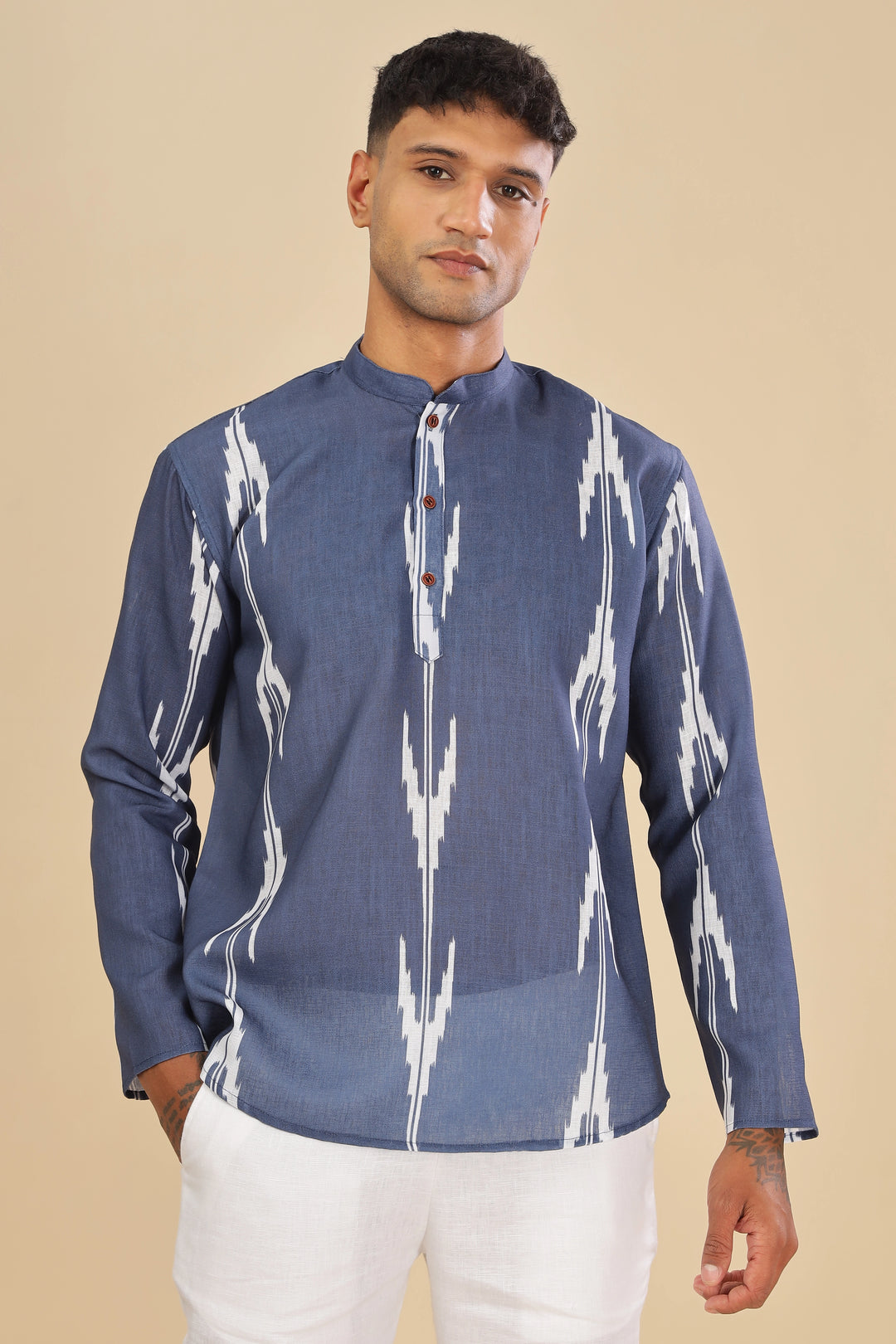 navy blue ikat printed linen short kurta