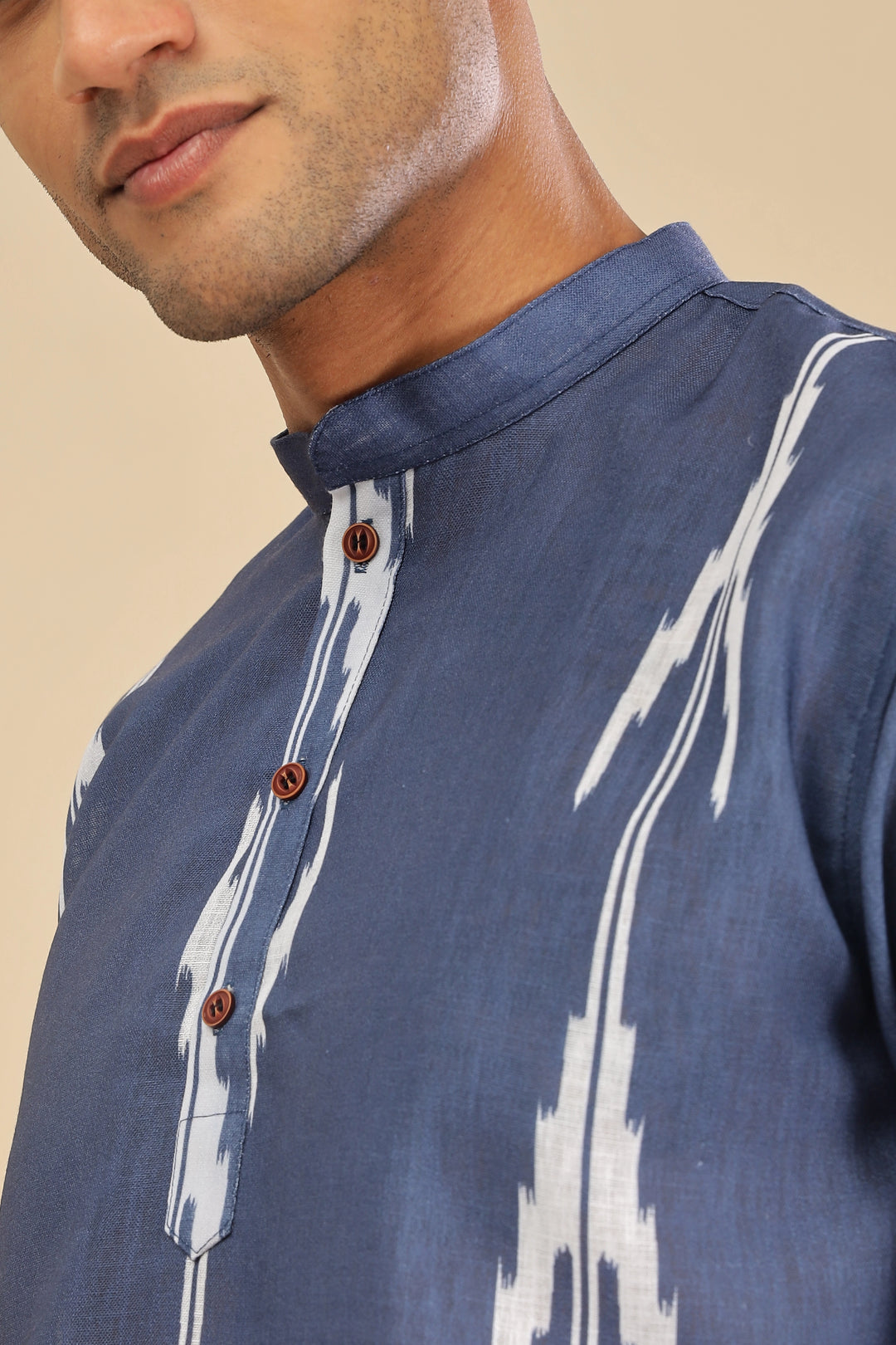 Navy blue ikat printed linen short kurta