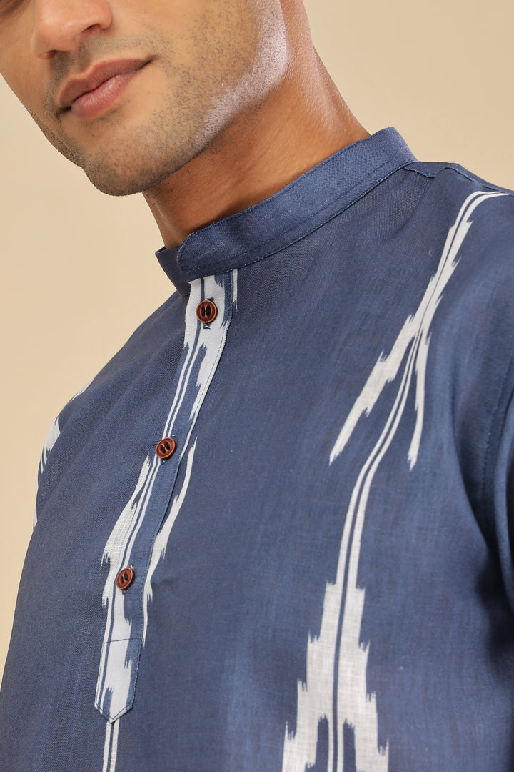 Navy blue ikat printed linen short kurta