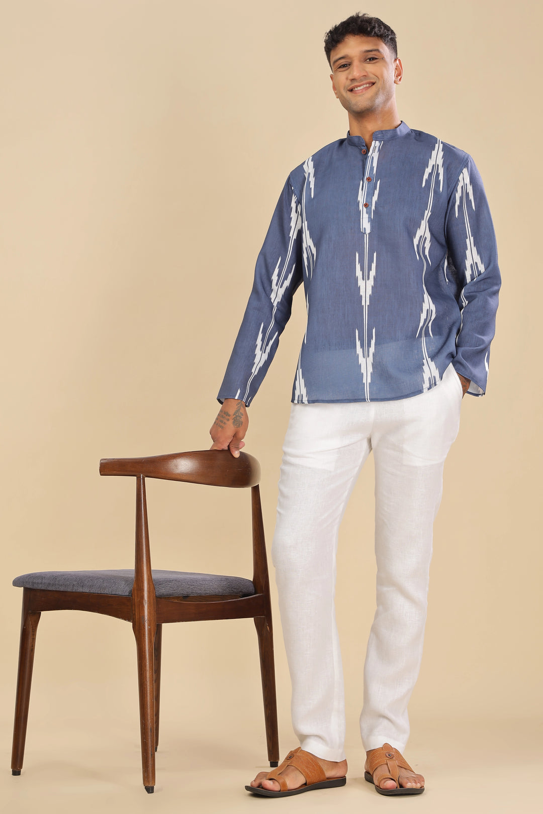 navy blue printed linen short kurta