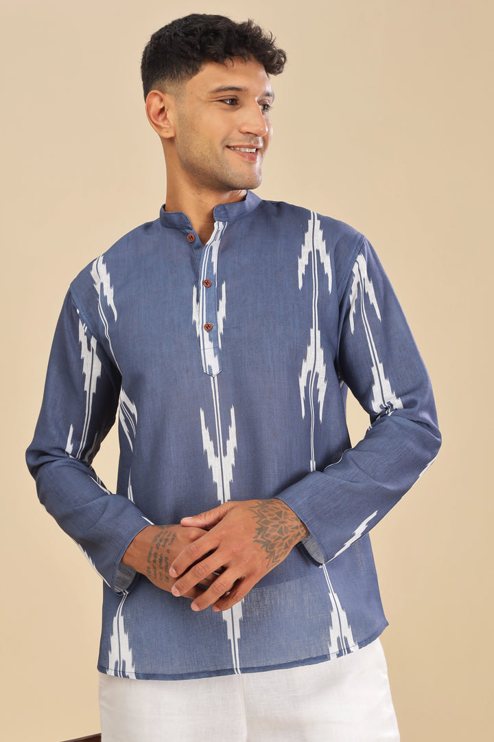 Navy blue ikat printed linen short kurta