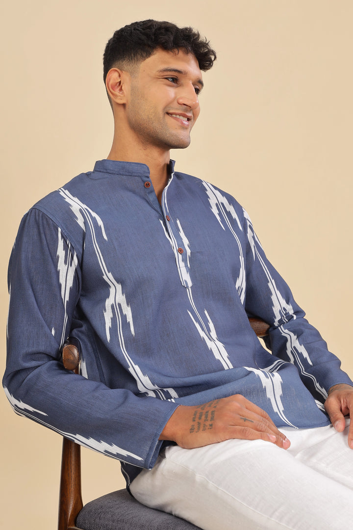 Navy blue ikat printed linen short kurta