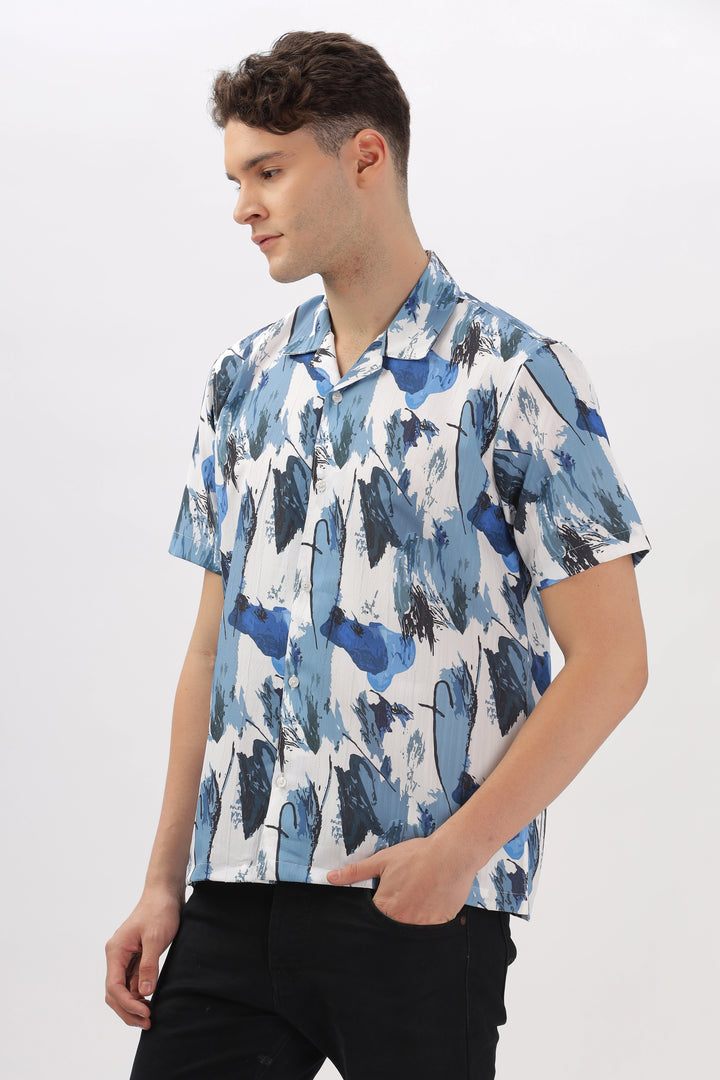 Blue abstract printed popcorn shirt