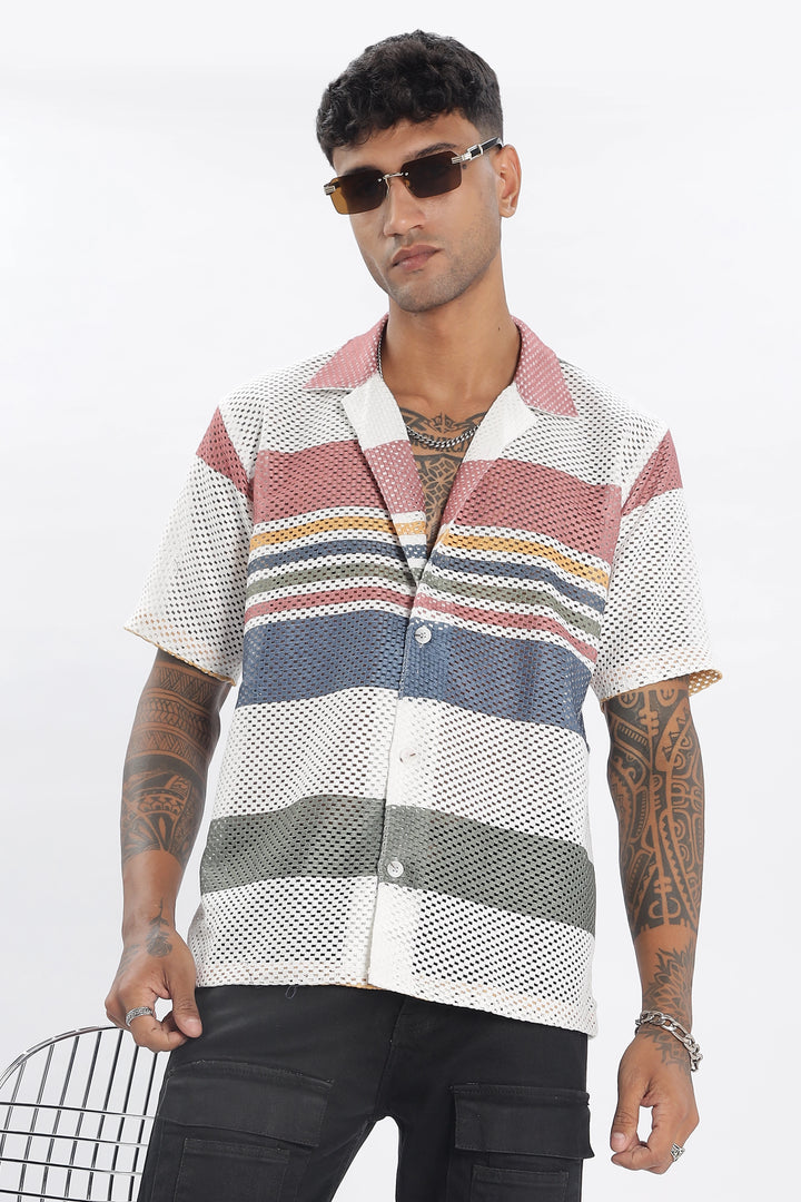 Crochet multicolor stripe printed shirt