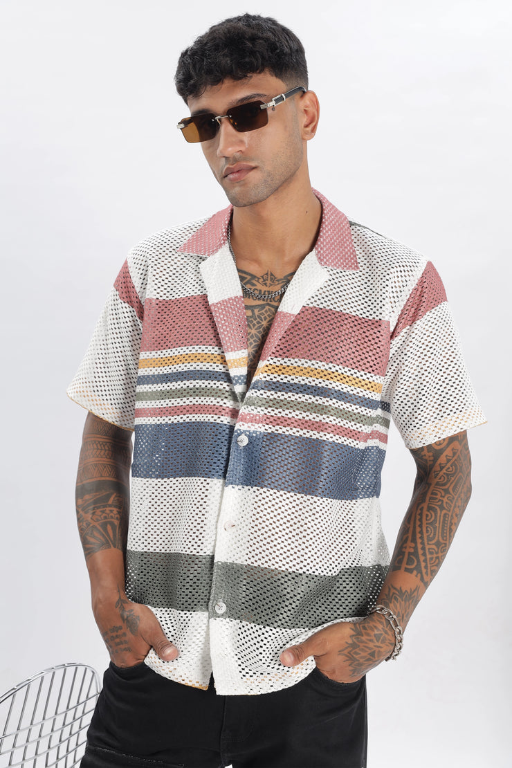 Crochet multicolor stripe printed shirt