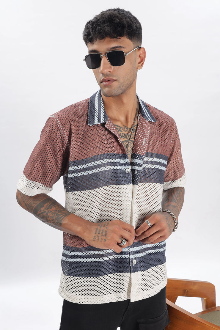 Crochet maroon stripe printed shirt