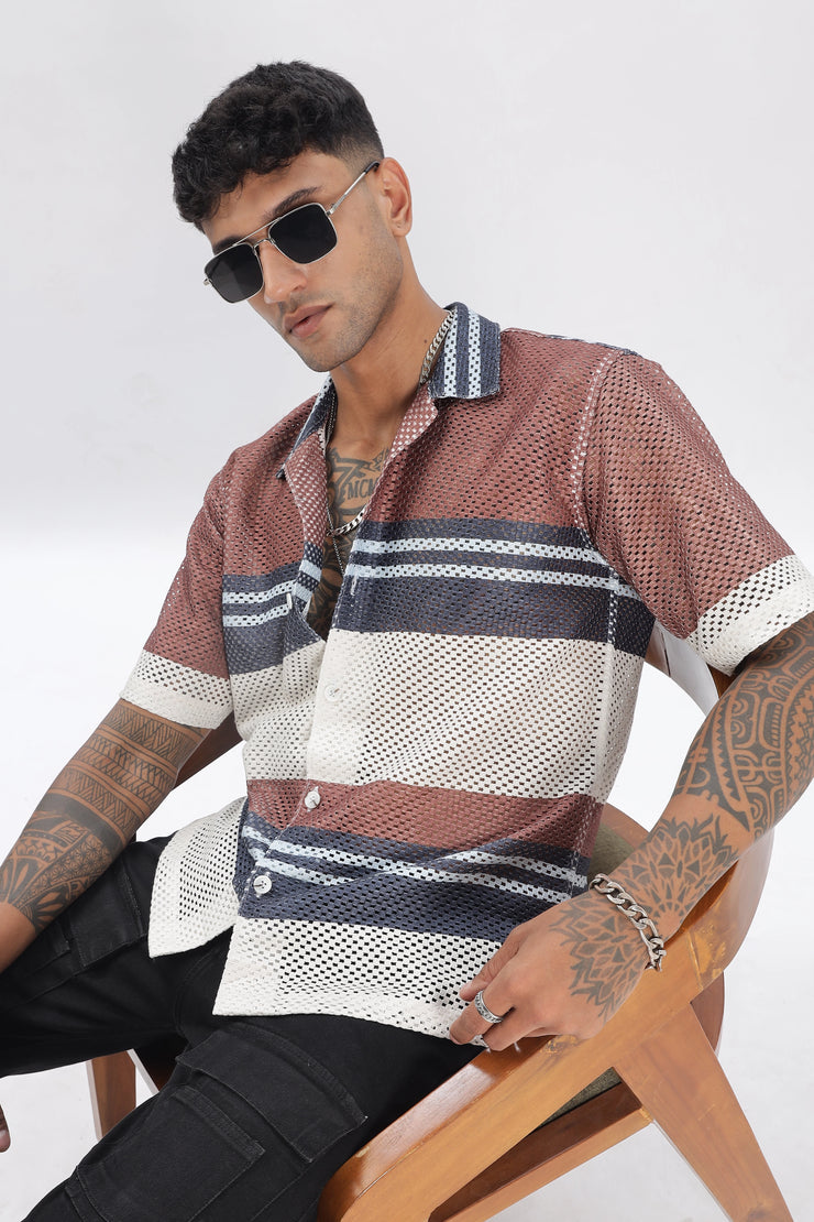 Crochet maroon stripe printed shirt