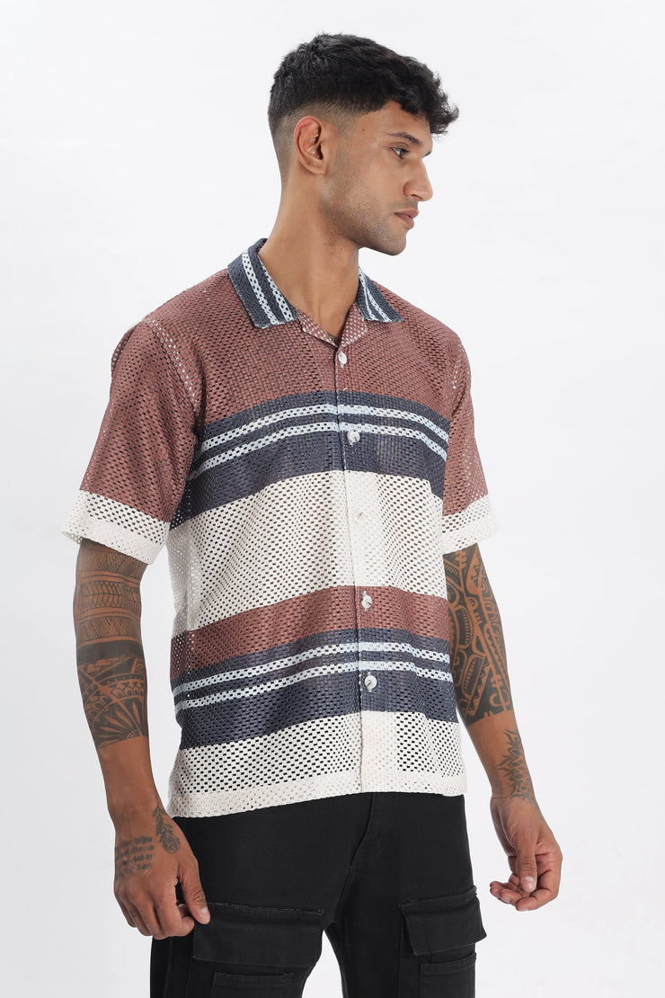 Crochet maroon stripe printed shirt