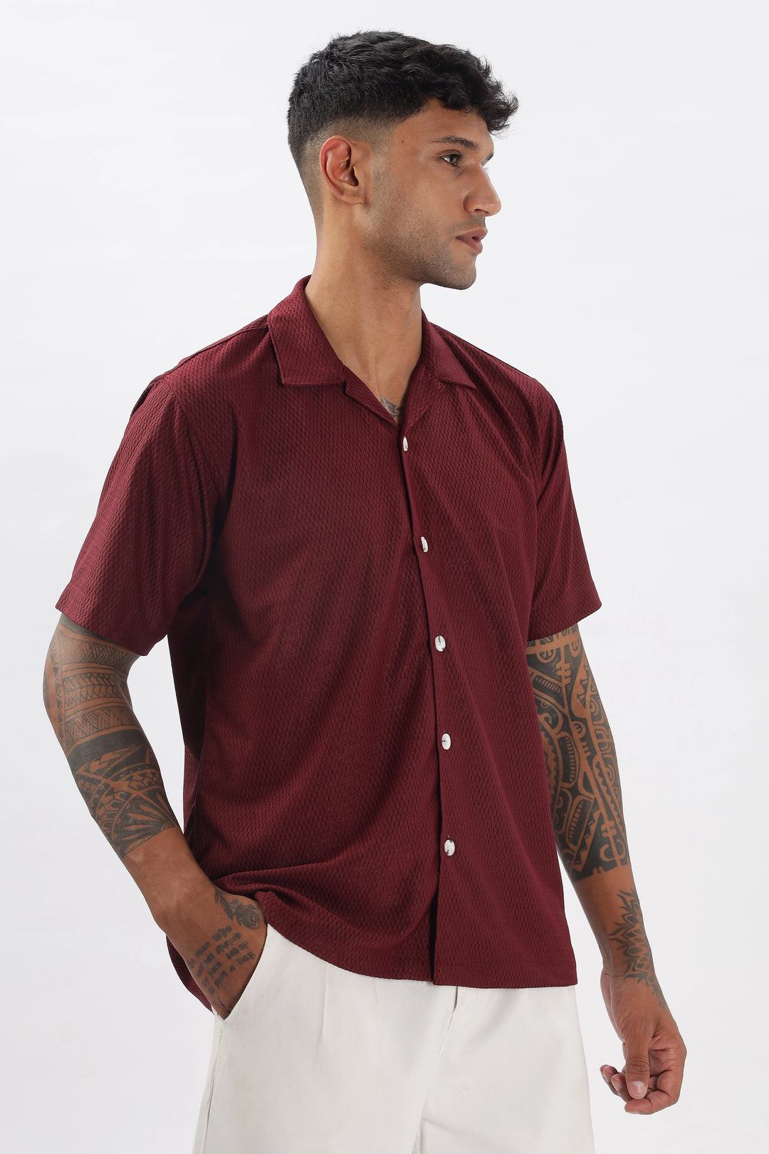 Maroon textured half sleeve shirt