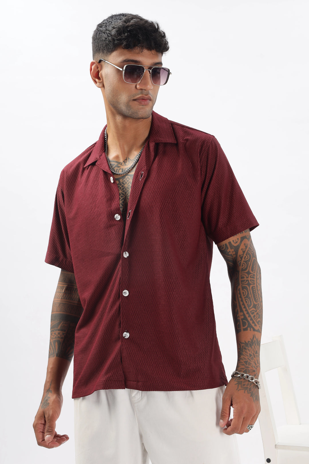 Maroon textured half sleeve shirt