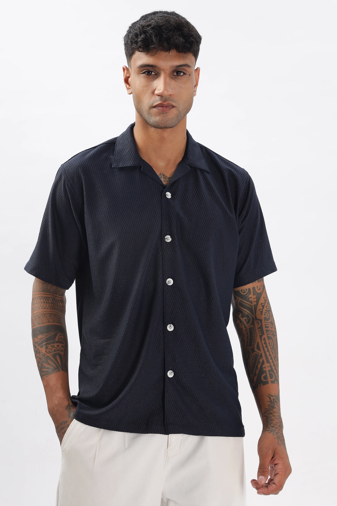 Navy textured half sleeve shirt