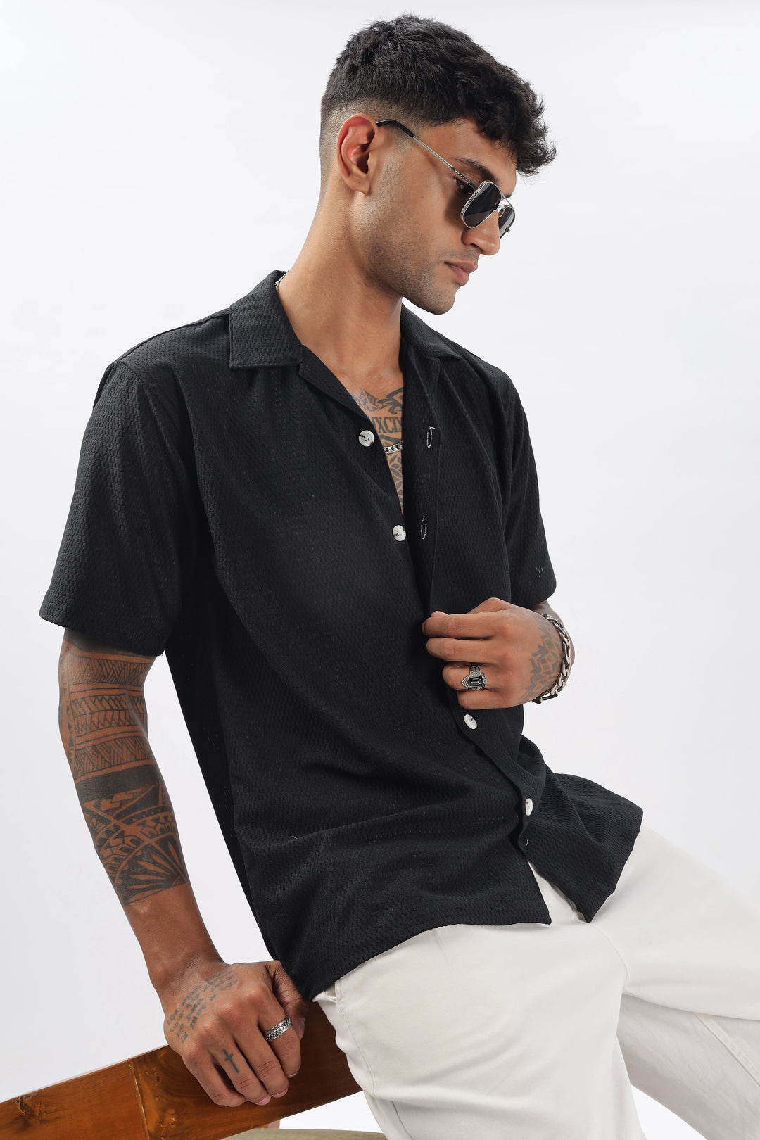 Black textured half sleeve shirt