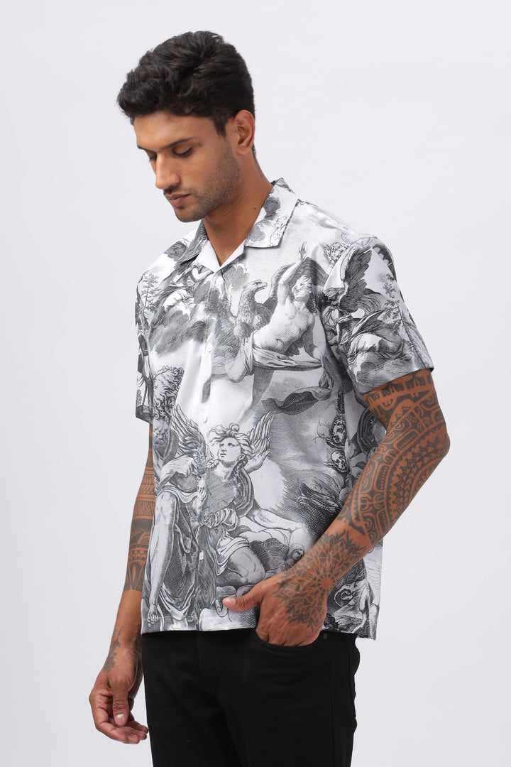 Christ birth sketch printed camp collar shirt for men