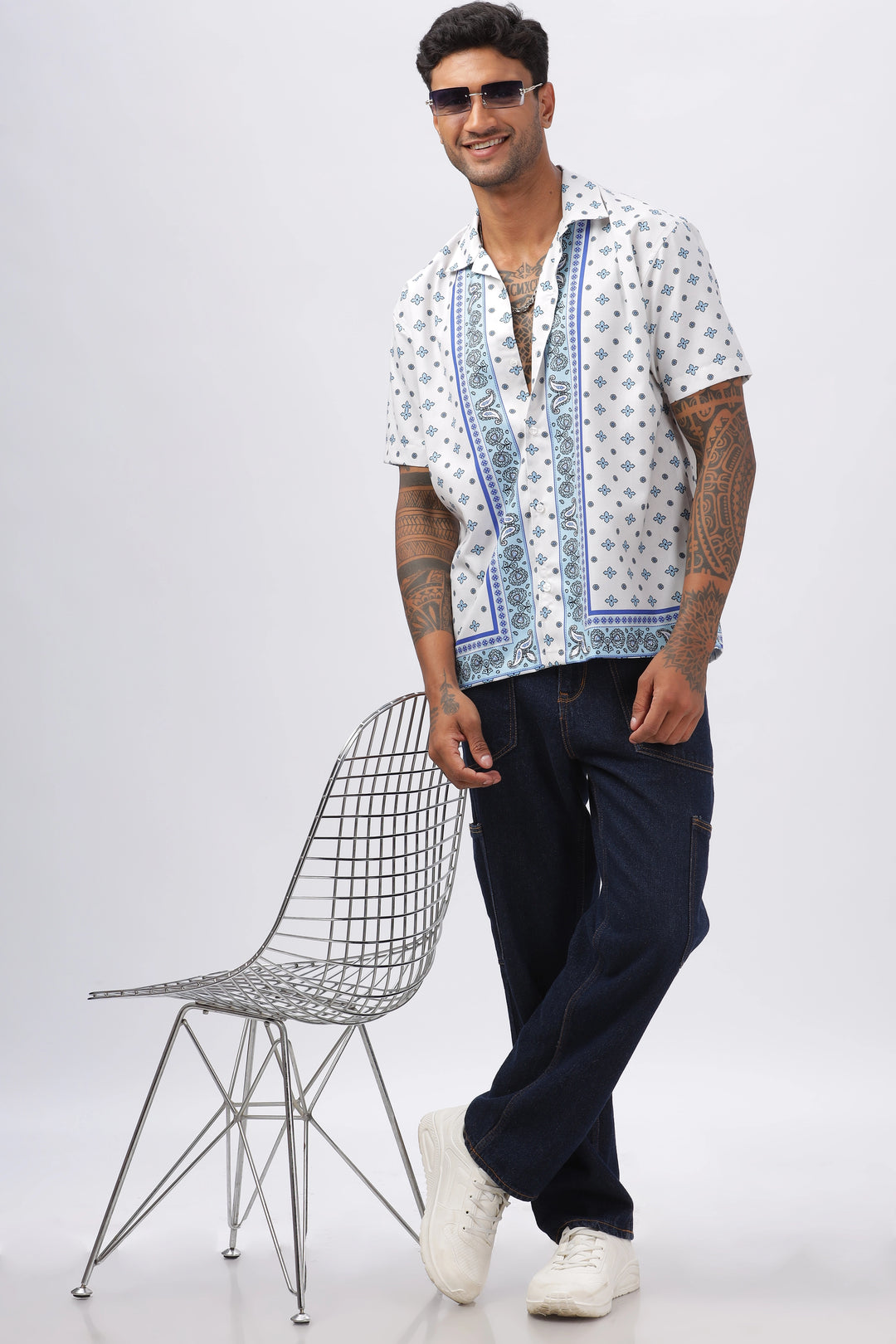 White and blue paisley boder printed half sleeve shirt