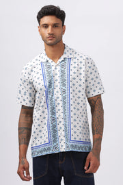 White and blue paisley boder printed half sleeve shirt