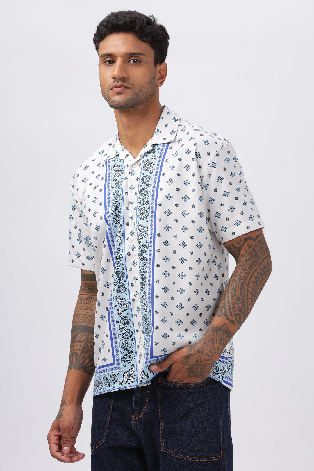 White and blue paisley boder printed half sleeve shirt