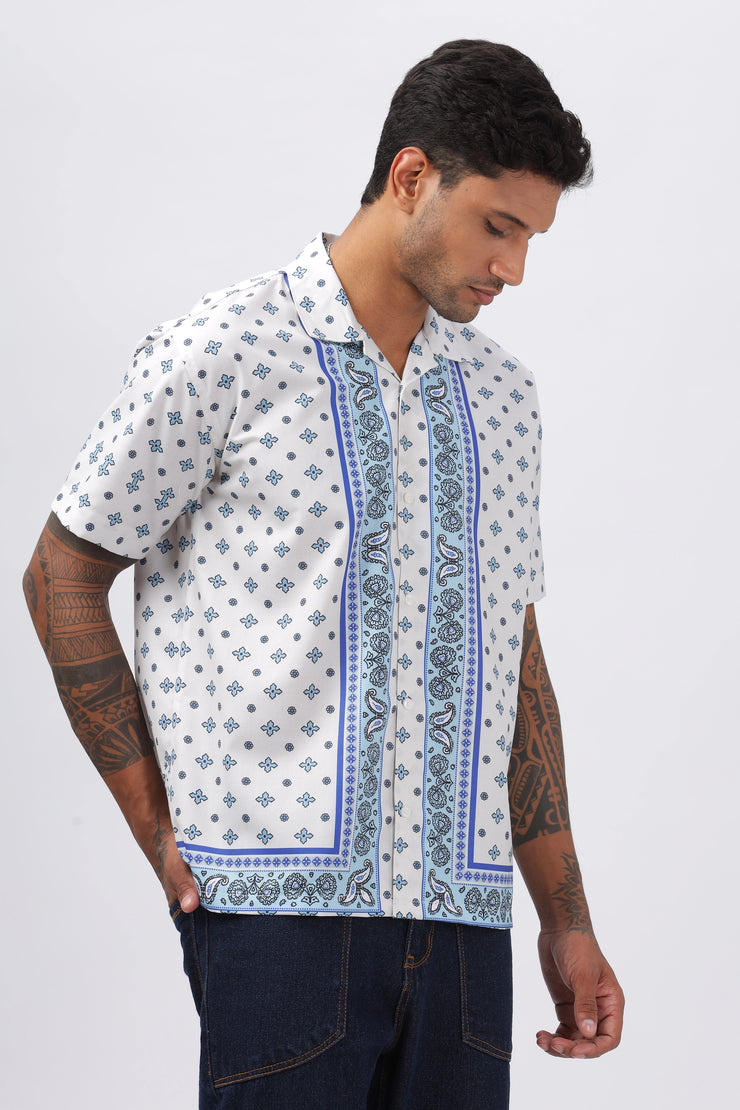 White and blue paisley boder printed half sleeve shirt