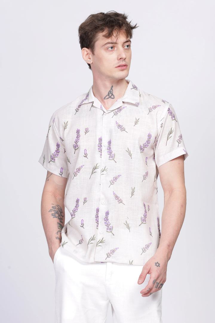 Lavender fields printed linen shirt for men