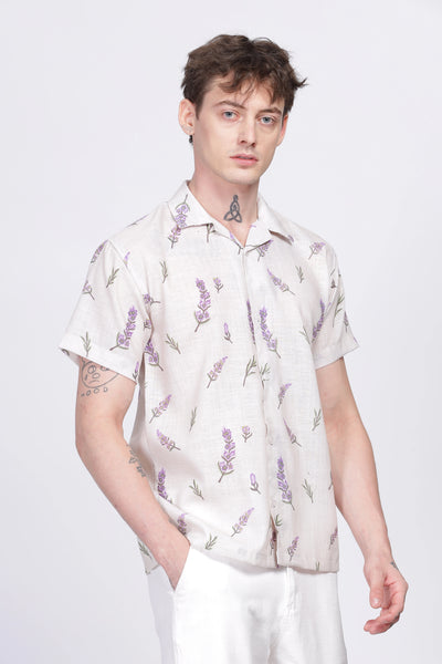 Lavender fields printed linen shirt for men