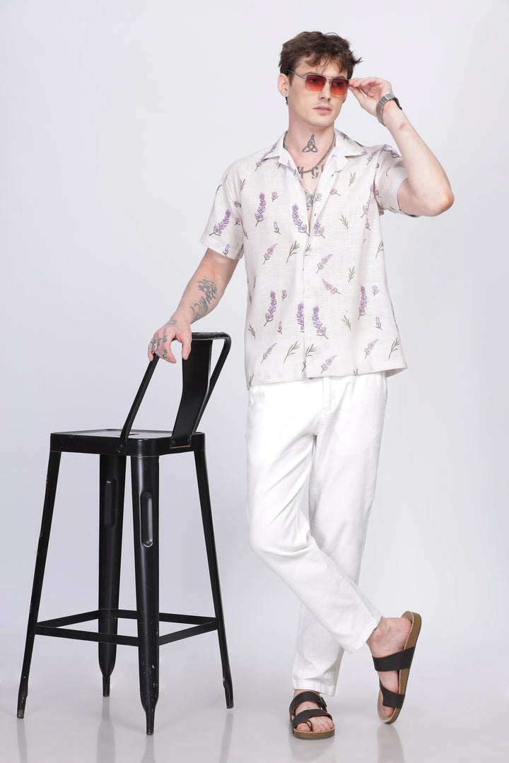 Lavender fields printed linen shirt for men