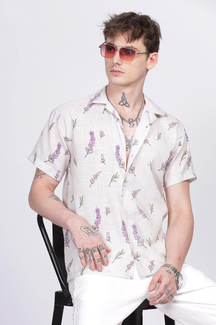 Lavender fields printed linen shirt for men