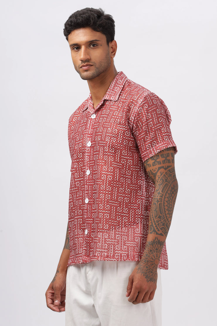 Maroon crochet geometric printed shirt