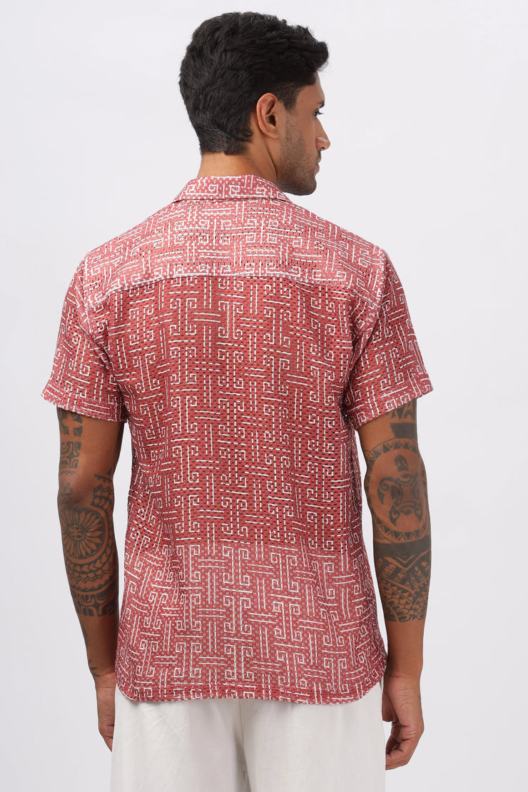 Maroon crochet geometric printed shirt