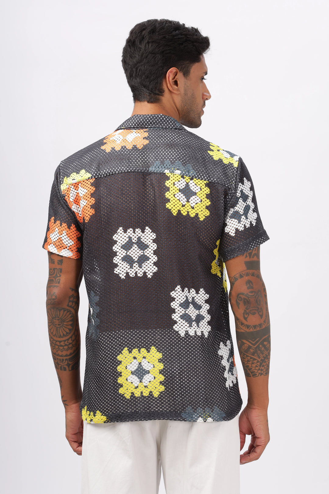 Black crochet granny square printed shirt