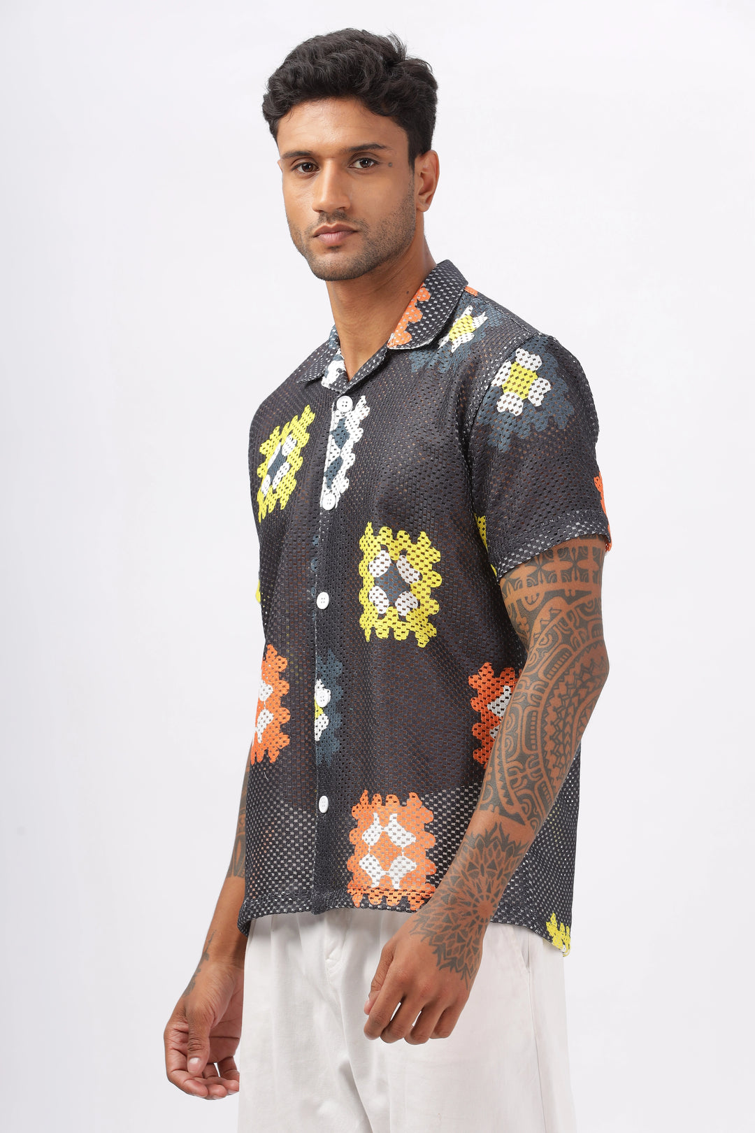 Black crochet granny square printed shirt