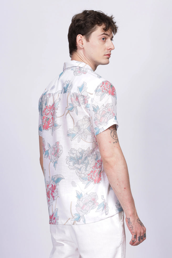 White floral printed linen shirt for men