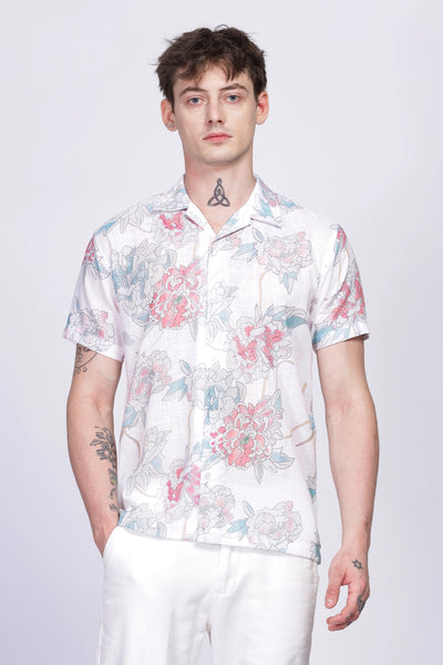 White floral printed linen shirt for men